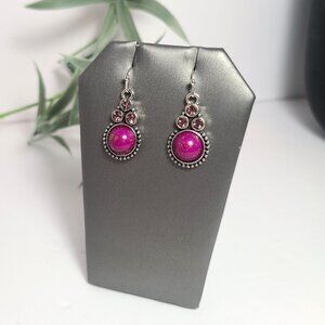 Pink Stone & Crystal Dangle Earrings – Silver Tone Boho Chic